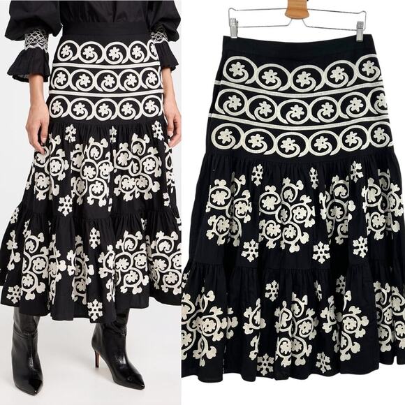 Figue Camille Skirt Black Cream Embroidered Tiered Maxi Midi Length Size 14 - Picture 1 of 12